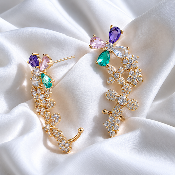 Brinco Ear Cuff Flores Com Zirconias Colors.